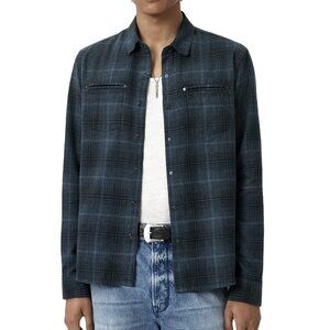 John Varvatos Men's Dario Brush Plaid Snap Front Pocket Overshirt Titanium Blue